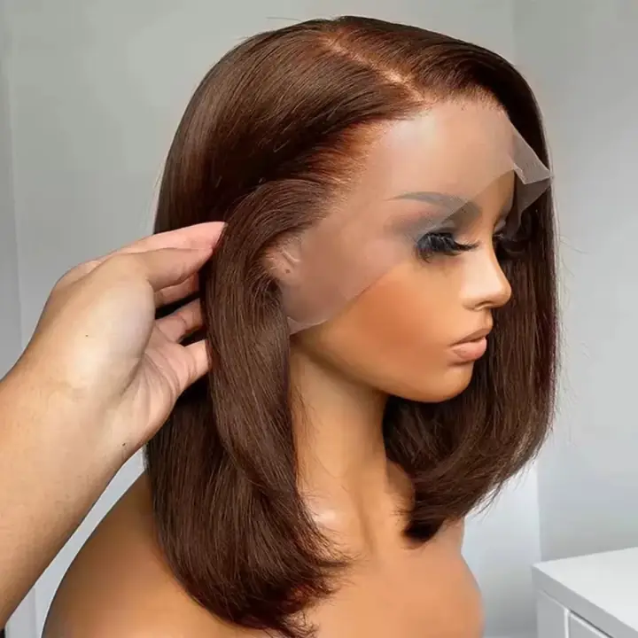 Perruque bob lace HD lisse brun chocolat